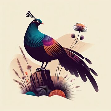 Lophophores, Himalayan monal Illustration. Dafe National Bird of Nepal.
