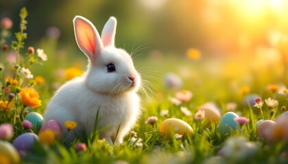 Easter bunny sitting in green grass surrounded by vibrant, colorful eggs, creating a festive spring scene