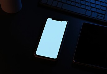 Smartphone on Dark Surface with Empty Display and Keyboard Background
