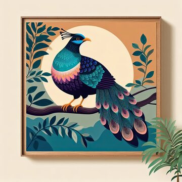 Lophophores, Himalayan monal Illustration. Dafe National Bird of Nepal.
