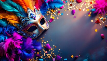 Colorful carnival mask adorned with vibrant feathers, set against a striking blue background