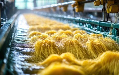 Newly spun synthetic fibers undergo a cooling process, transforming into lustrous golden threads. A glimpse into textile manufacturing.