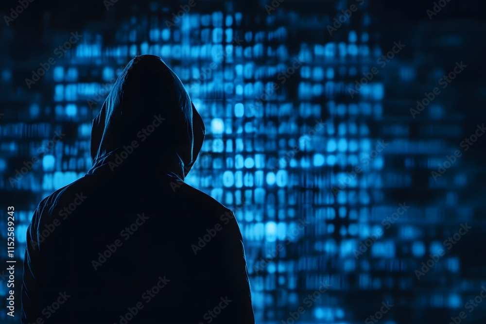 Poster hooded figure facing blue computer code background