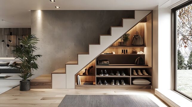 A minimalist hallway with hidden shoe storage under the stairs, utilizing the space efficiently while maintaining a clean, organized look.