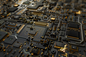 A close-up of a complex circuit board with intricate pathways and components, representing the inner workings of modern technology