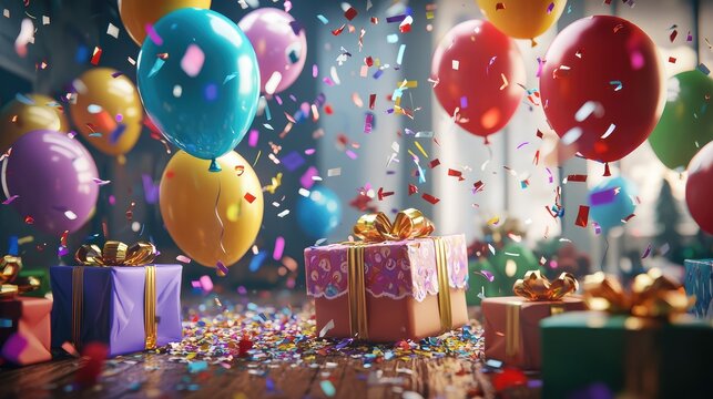 Joyful Celebration: Balloons, Gifts, and Confetti!