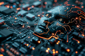 A digital artwork depicting the head of a humanoid robot, intricately designed with glowing circuits and wires, representing artificial intelligence and the fusion of technology with humanity