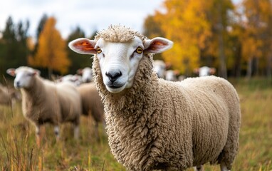 Obraz premium A curious sheep stares intently, its fleece thick and warm against the backdrop of autumnal trees. A peaceful scene in a rural field.
