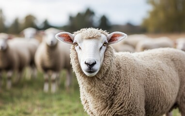 Obraz premium A curious sheep stares directly at the camera, its fleece thick and creamy, surrounded by its flock in a tranquil pasture. A peaceful scene.