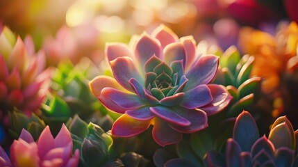Fototapeta premium Vibrant Succulents Bask In Golden Sunlight