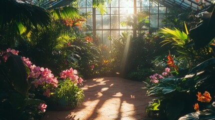 Sunlit Greenhouse Filled With Lush Tropical Plants And Flowers