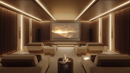 A minimalist home theater with a hidden surround sound system, retractable projector screen, and modern furnishings that create a clutter-free environment.