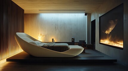 A minimalist home theater with a retractable projector and built-in hidden speakers that offer sleek design and high-quality audio and visual performance.