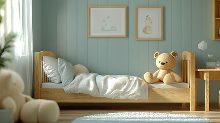 A minimalist kids' room featuring a simple wooden bed, a study table, and soft-colored bedding. The room's light colors and simple design create a calm and tranquil environment.