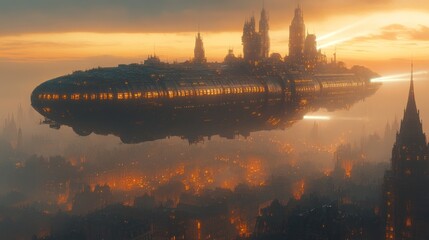 Fototapeta premium A futuristic airship glides over a glowing cityscape at sunset.