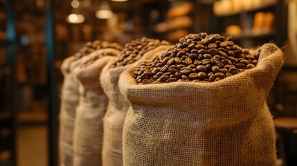 Fresh roasted coffee beans in burlap sacks. Rustic coffee shop atmosphere with warm lighting. Vintage bokeh background showcasing artisanal coffee beans. Moody dark tones in commercial photography.