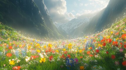 Vibrant Wildflower Meadow Amidst Majestic Mountains