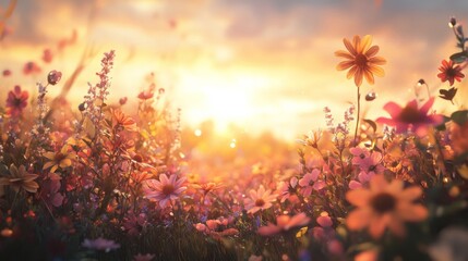 Golden Hour Wildflowers Sunset Meadow Bloom