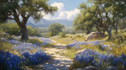 Naklejka premium Sunny Path Through Texas Bluebonnet Fields