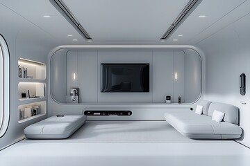 A minimalist living room with a hidden storage system in the walls for electronic devices, cables, and personal items. The space is streamlined and tidy.