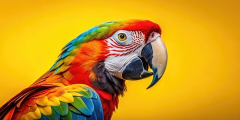 Fototapeta premium Yellow background showcases a vibrant parrot beak; urban wildlife photography reveals exotic bird's colours.