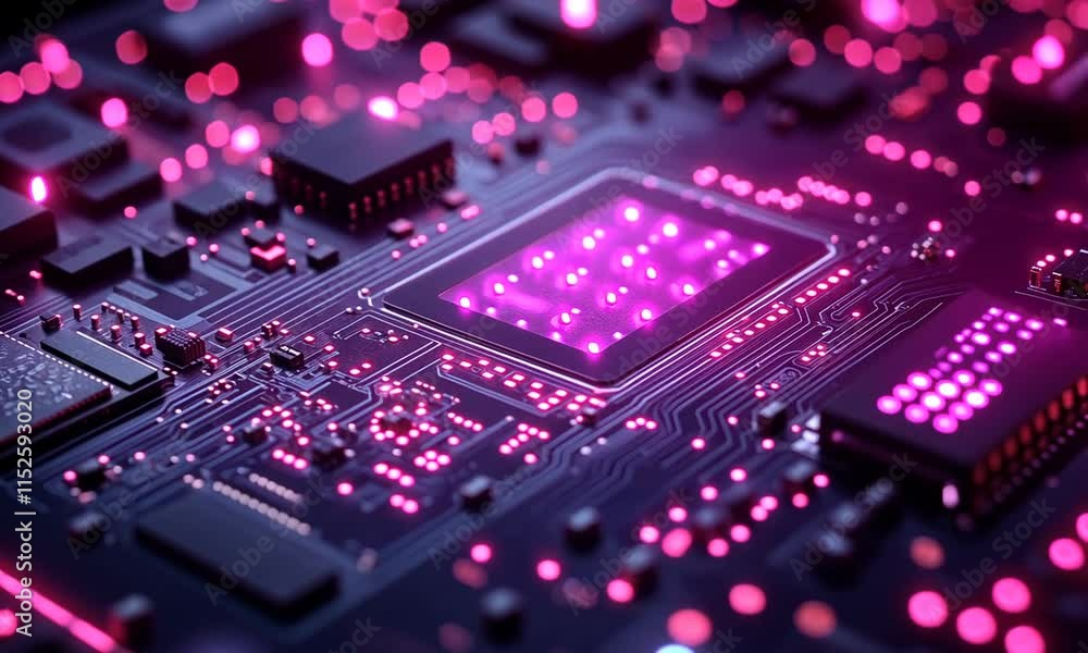 Poster illuminated circuit board: a close-up of a microchip's glowing core
