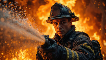 Firefighter battling large blaze with water hose closeup action shot - Generative AI