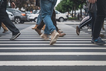 Busy walking. Close-up of people's feet busy walking across zebra lines