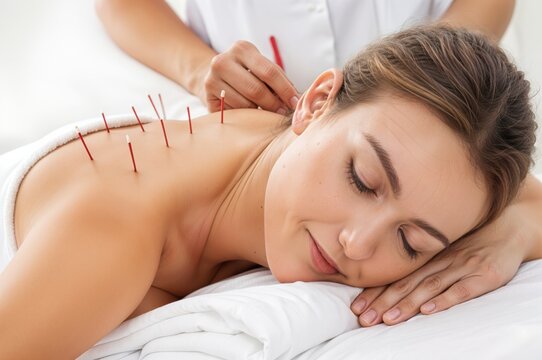 A woman enjoys an acupuncture session in a tranquil wellness clinic, lying on a comfortable table as needles are gently placed on her back, promoting relaxation and healing.