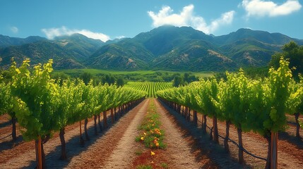 Fototapeta premium Vineyard Rows Extending Towards Majestic Mountains