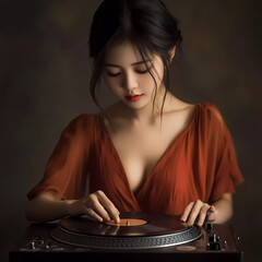 Generative AI asian young beautiful woman playing turn table	
