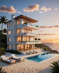 Fototapeta premium Luxury villa on the beach with sunset view, cartoon 