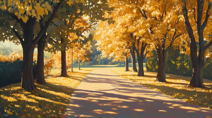 Fototapeta premium Tranquil treelined park path in autumn golden leaves carpeting the ground dappled sunlight filtering through branches creating a serene and picturesque scene. Treeline. Illustration