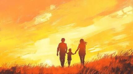 Fototapeta premium Family silhouette at sunset, holding hands, walking into the future.