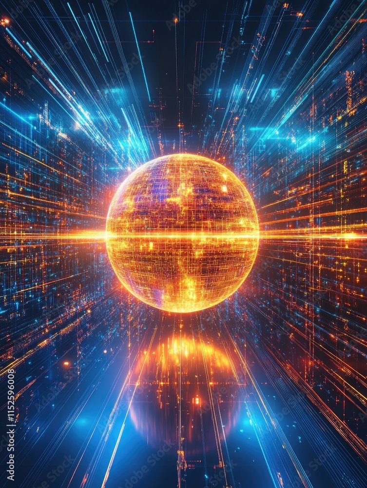 Poster a vibrant digital representation of a glowing sphere amidst a burst of light and data streams.