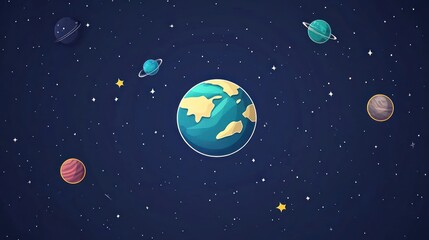Fototapeta premium A colorful illustration of Earth surrounded by planets in a starry space background.