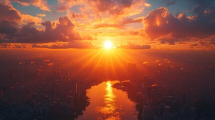 A stunning sunset over a city skyline, reflecting on a river, creating a serene atmosphere.