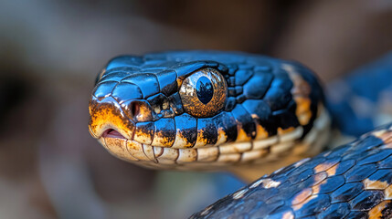 Fototapeta premium Closeup of blue snake. exotic reptile animal in wildlife nature, serpent eye and face, dangerous tropical species, forest, skin texture, crawling.
