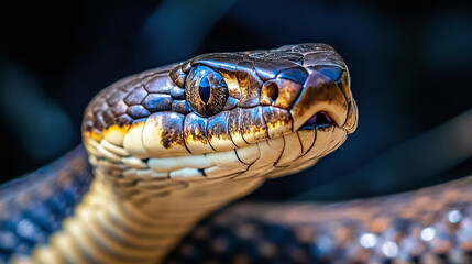 Obraz premium Closeup of blue snake. exotic reptile animal in wildlife nature, serpent eye and face, dangerous tropical species, forest, skin texture, crawling.