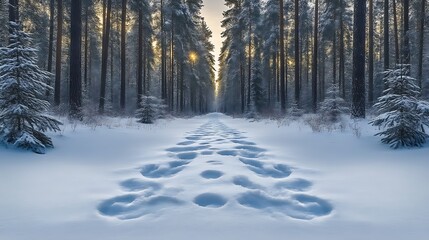 Fototapeta premium Winter Footprints Leading Through A Snowy Forest Path