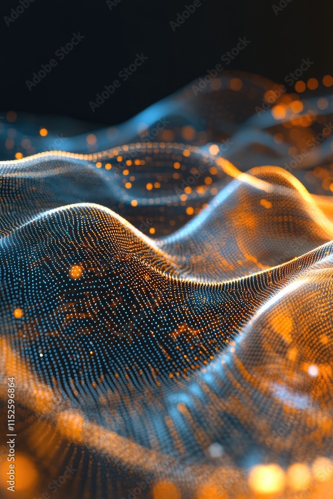 Poster abstract representation of flowing waves with glowing particles in a digital landscape.