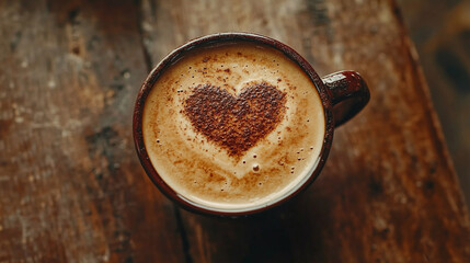 Top view of heart shape in cup or mug of coffee drink. morning caffeine latte or cappuccino beverage hot espresso aroma in cafe, valentine love, romantic symbol in brown mocha, restaurant, milk, foam.