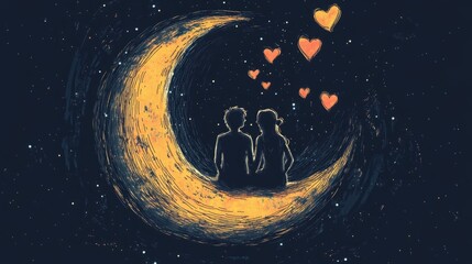 Fototapeta premium Romantic couple silhouette on a crescent moon, surrounded by stars and hearts.