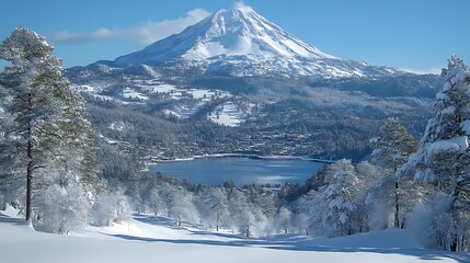 Snow covered mountain overlooking a winter lake town