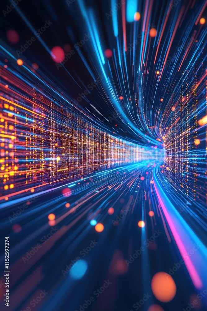 Poster abstract visual of vibrant light trails and particles creating a sense of motion and depth.