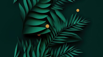 Tropical fern leaves with subtle golden accents on a deep green background