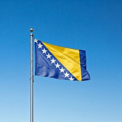 national flag of Bosnia and Hervegovina, waving against blue sky, official flag of the nation, blowing in the wind