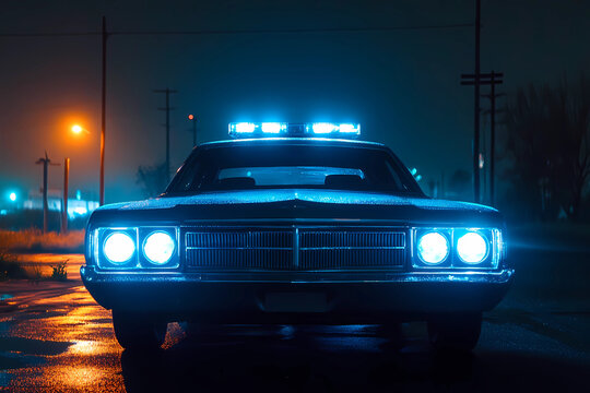 Front view of an old police car with flashing lights, cinematic lighting, foggy night, blue color scheme