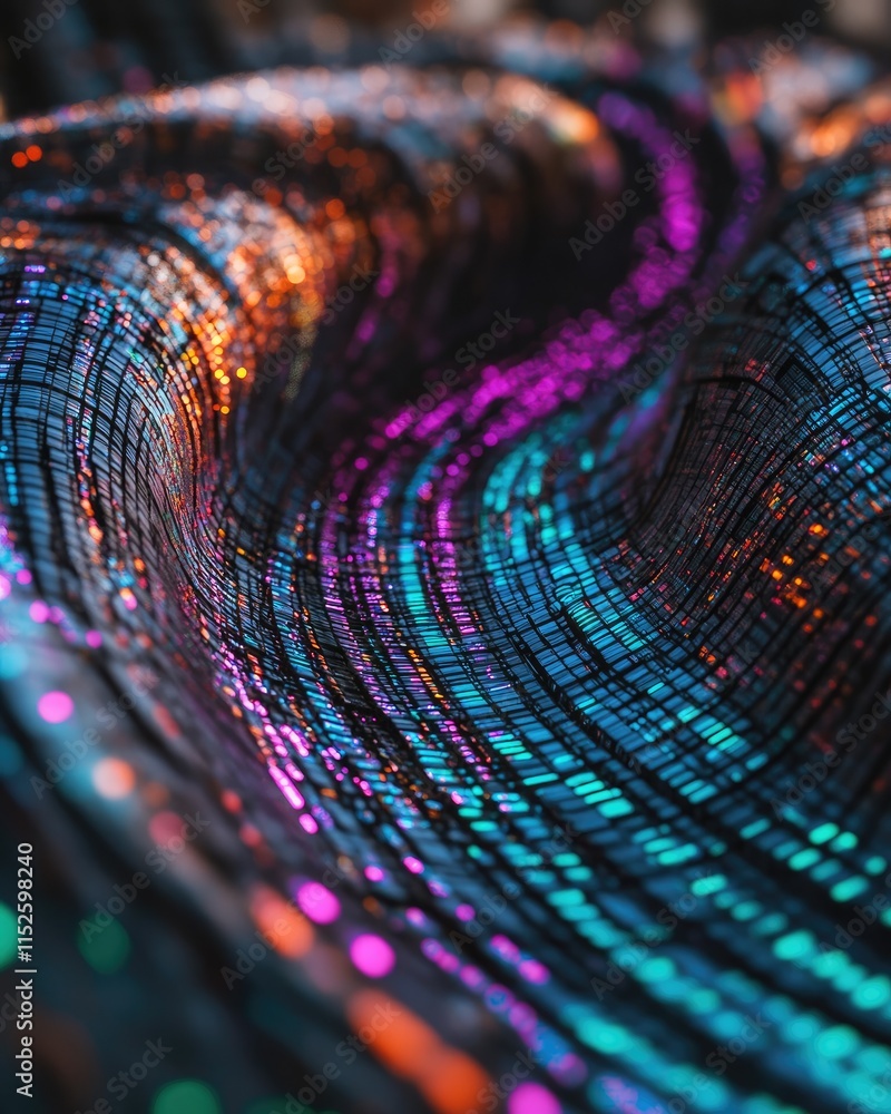 Poster a vibrant, abstract wave of colorful lights and patterns on a textured surface.