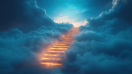 A serene and minimalist stairway leads upward, toward a heavenly sky illuminated by light, symbolizing hope, enlightenment, and transcendence in a hyperrealistic scene

